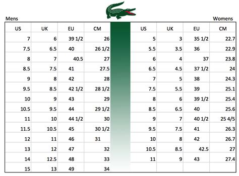 size guide lacoste shoes